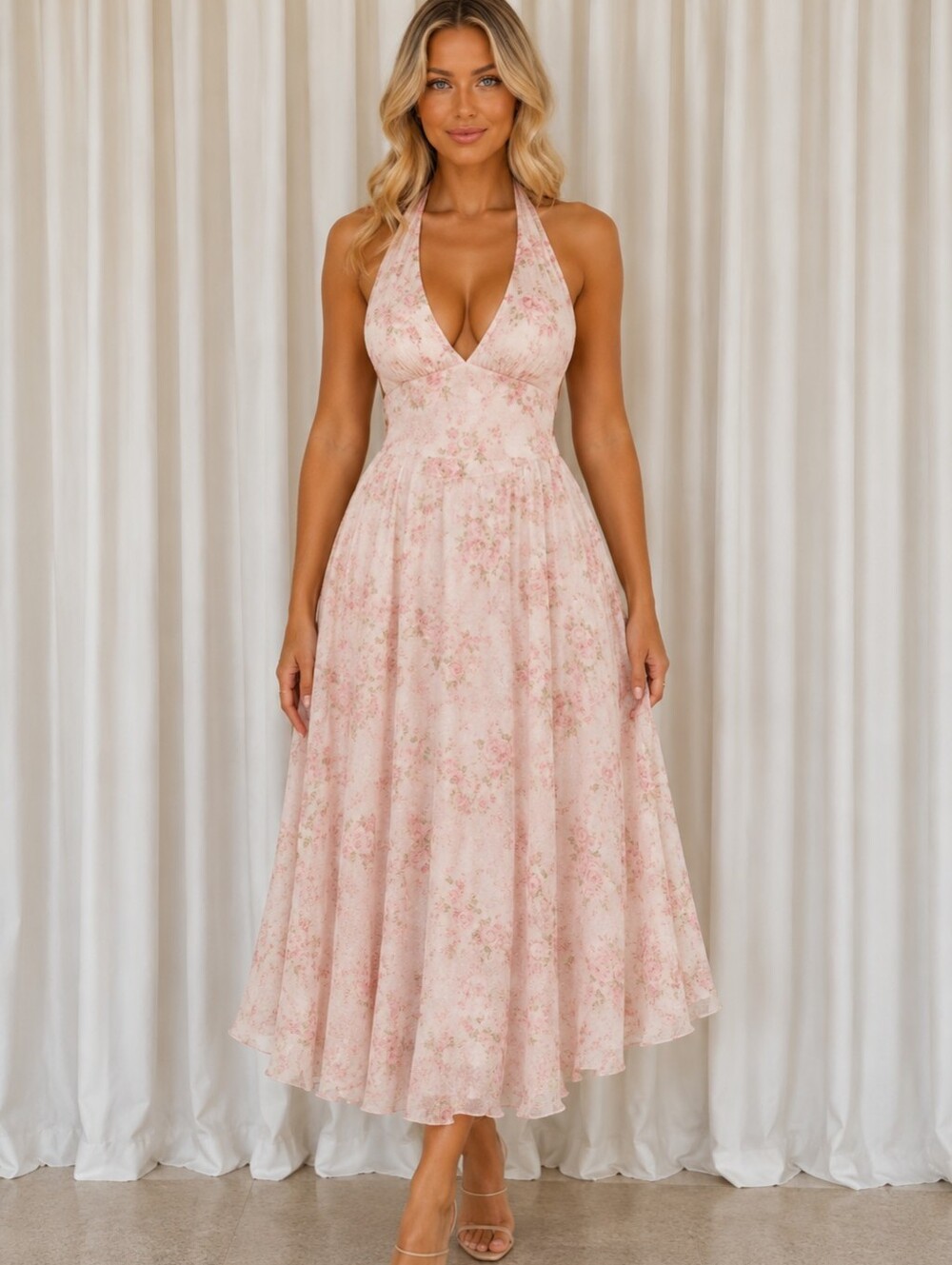 House Of Cb Solada english vintage rose print georgette halter sundress Medium M